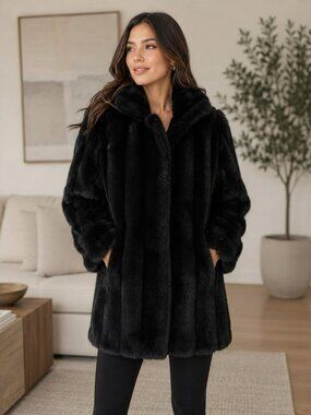 Vintage 80’s Jordache Black Faux Fur Coat Jacket Small Like New Luxury Medium